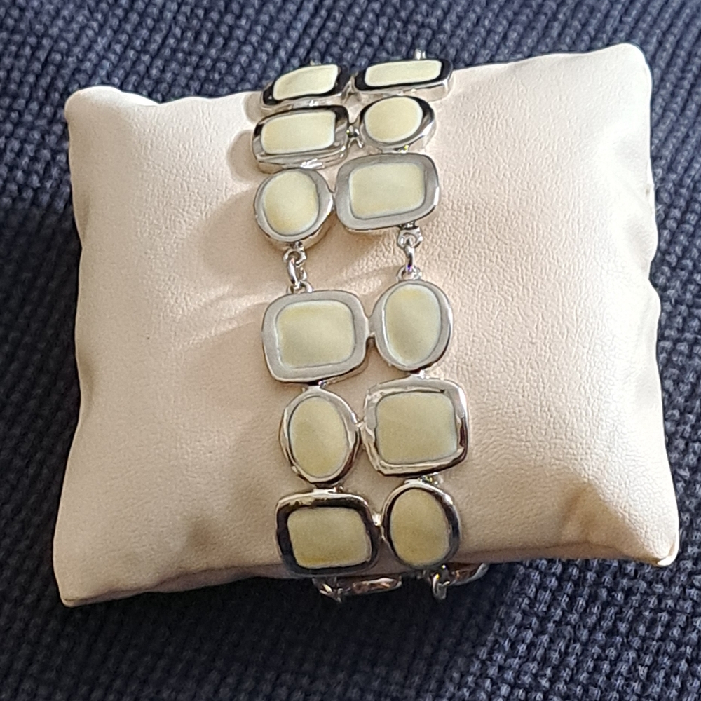 Lia Sophia "French Tip" Cream/Silver Enamel Geometric Double Link Bracelet NWOT